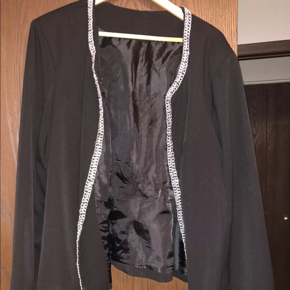 Jet Black Silver Chain Trimmed Blazer Plus Size 2X
